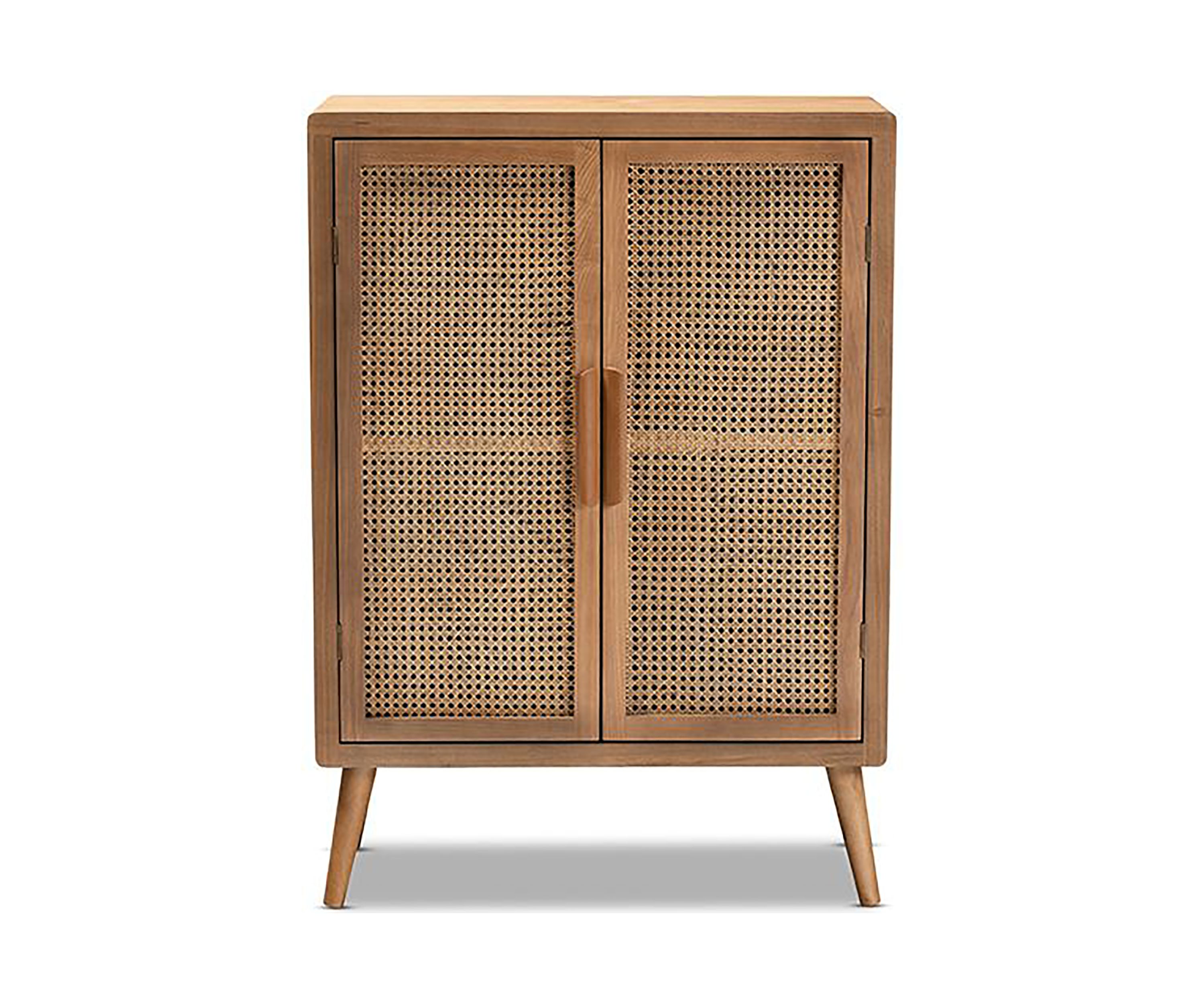 Alina Mid-Century Modern Medium Oak Finished Wood and Rattan 2-Door Accent Storage Cabinet