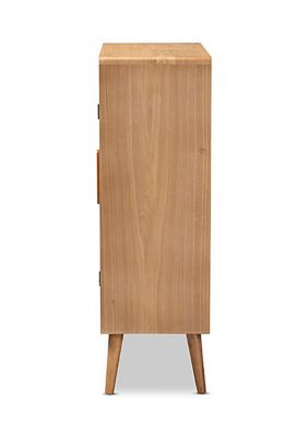 Alina Mid-Century Modern Medium Oak Finished Wood and Rattan 2-Door Accent Storage Cabinet