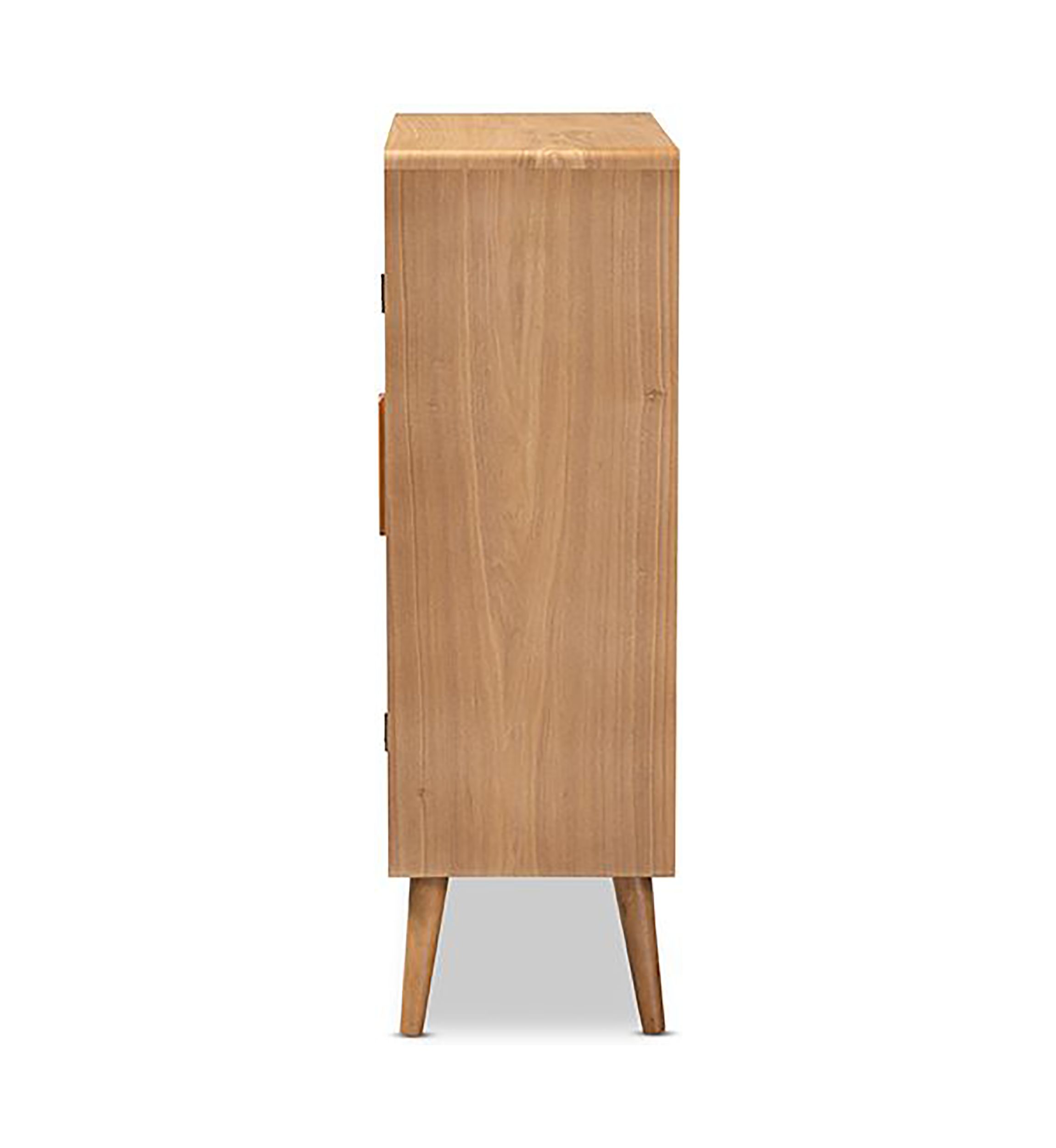 Alina Mid-Century Modern Medium Oak Finished Wood and Rattan 2-Door Accent Storage Cabinet