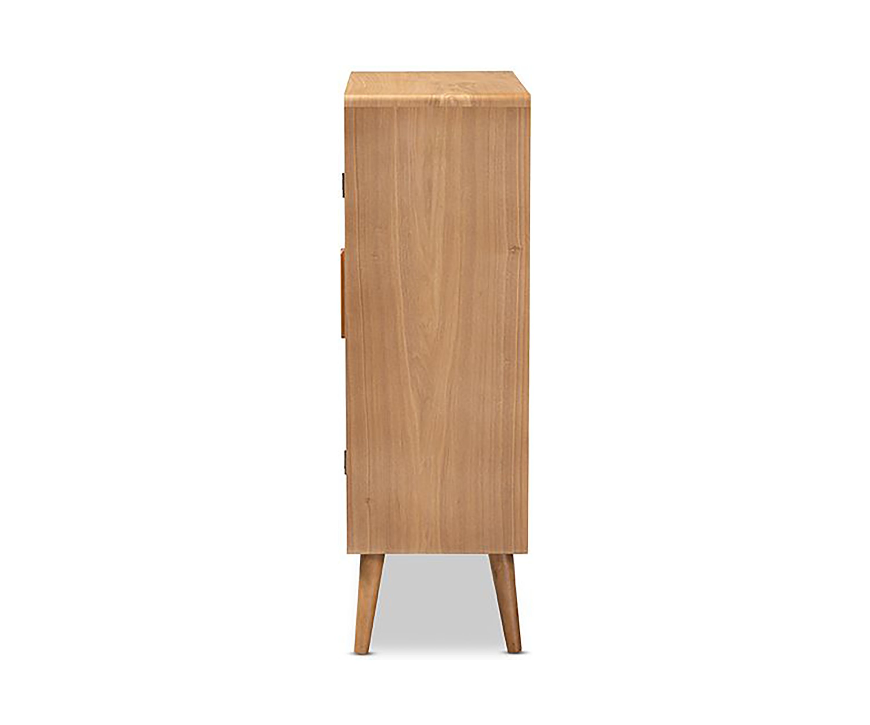 Alina Mid-Century Modern Medium Oak Finished Wood and Rattan 2-Door Accent Storage Cabinet