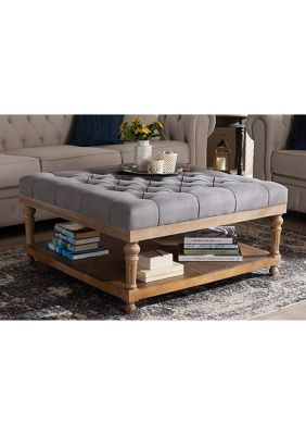 Kelly Modern and Rustic Grey Linen Fabric Upholstered and Greywashed Wood Cocktail Ottoman