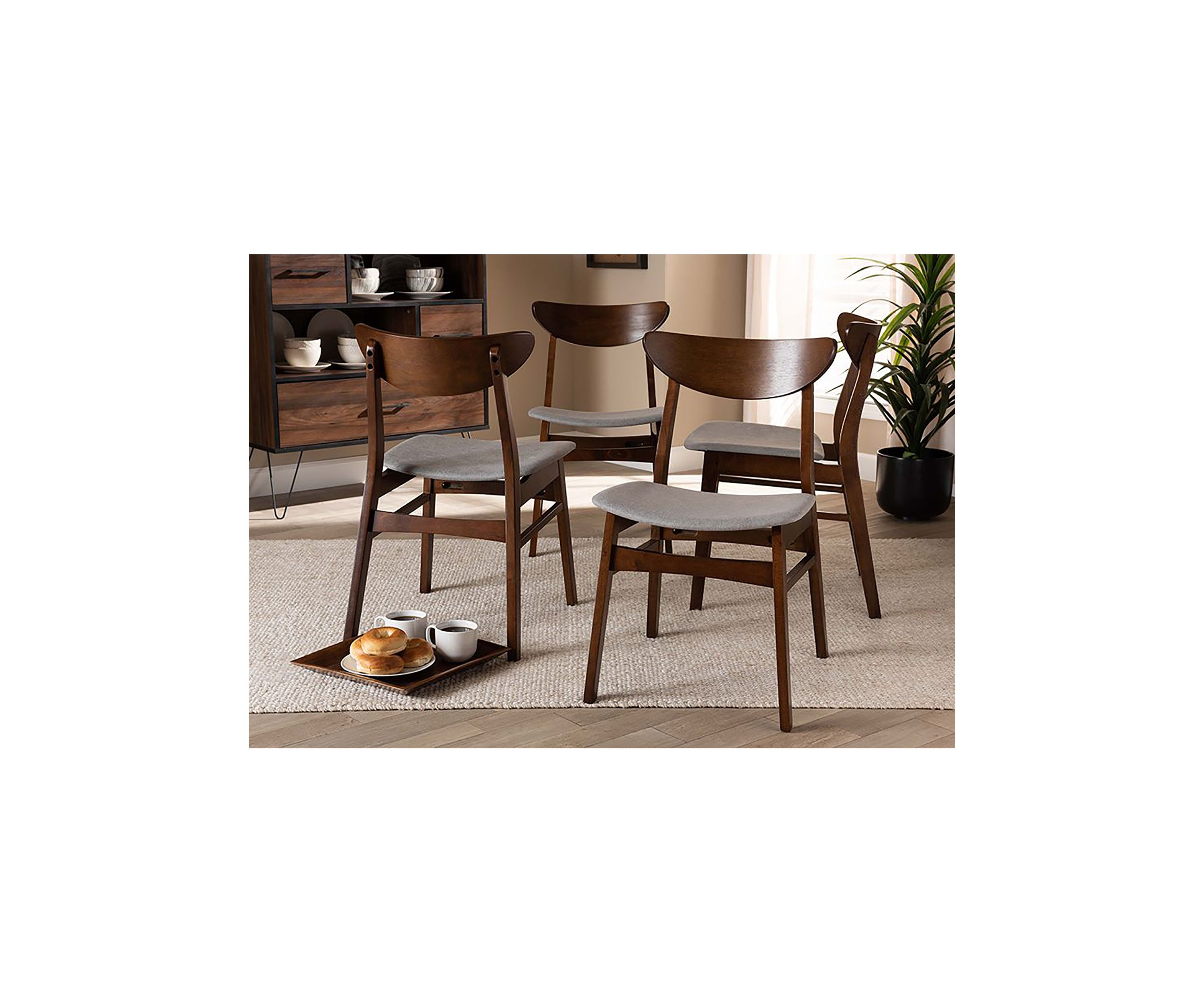 Parlin Mid-Century Modern Transitional Light Grey Fabric Upholstered and Walnut Brown Finished Wood 4-Piece Dining Chair Set