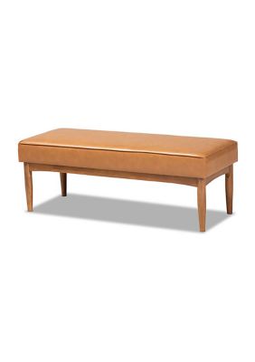 Arvid Mid-Century Modern Tan Faux Leather Upholstered and Walnut Brown Finished Wood Dining Bench