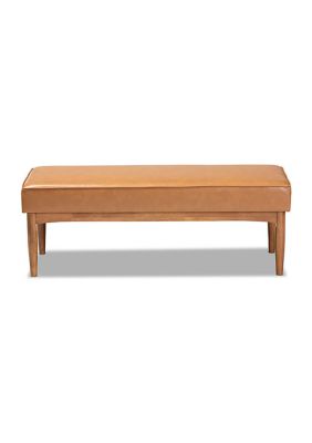 Arvid Mid-Century Modern Tan Faux Leather Upholstered and Walnut Brown Finished Wood Dining Bench