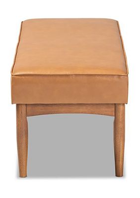 Arvid Mid-Century Modern Tan Faux Leather Upholstered and Walnut Brown Finished Wood Dining Bench