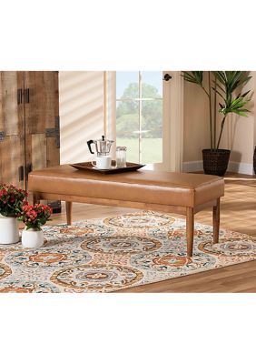 Arvid Mid-Century Modern Tan Faux Leather Upholstered and Walnut Brown Finished Wood Dining Bench