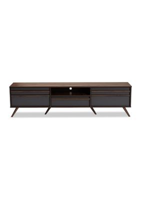 Naoki Modern and Contemporary Two-Tone Grey and Walnut Finished Wood TV Stand with Drop-Down Compartments