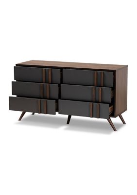 Naoki Modern and Contemporary Two-Tone Grey and Walnut Finished Wood 6-Drawer Bedroom Dresser