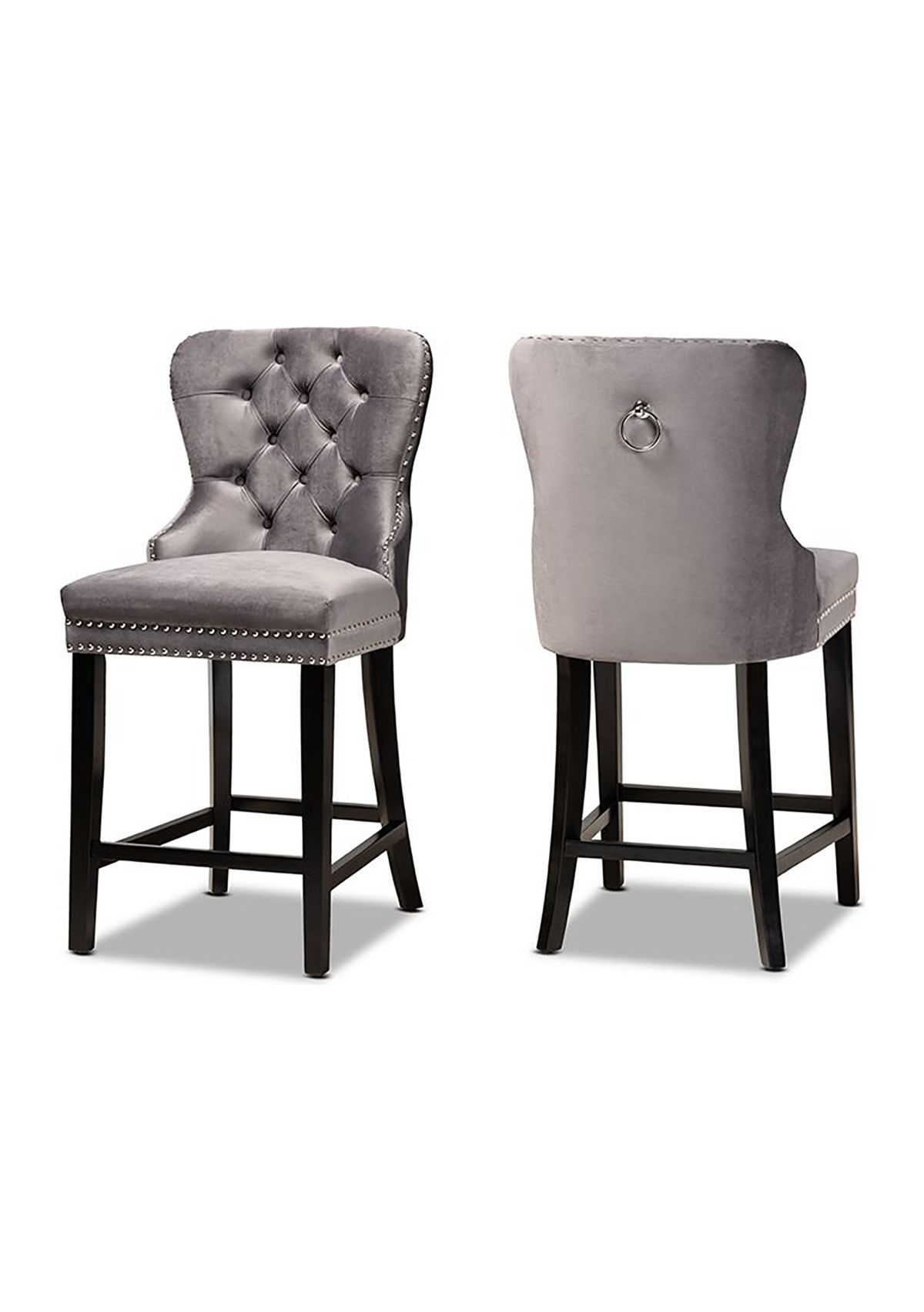 Howell Modern Transitional Grey Velvet Upholstered and Dark Brown Finished Wood 2-Piece Counter Stool Set