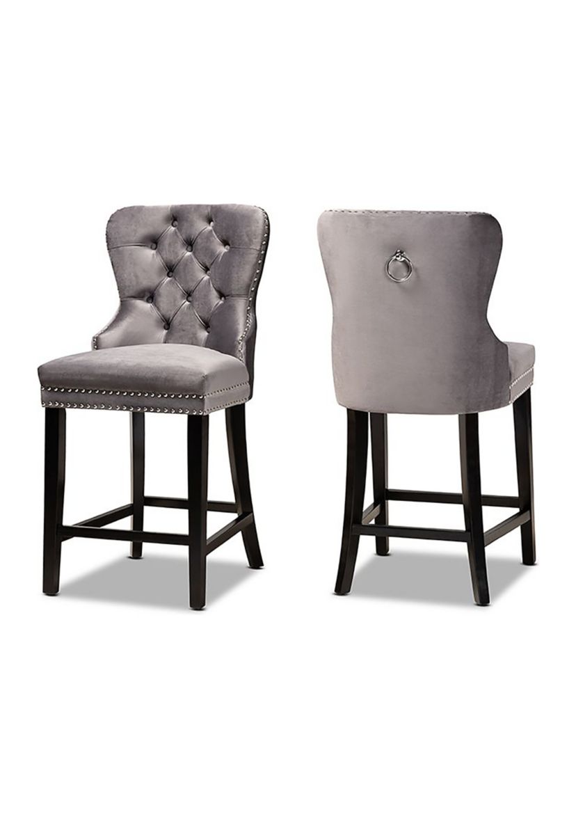 Howell Modern Transitional Grey Velvet Upholstered and Dark Brown Finished Wood 2-Piece Counter Stool Set