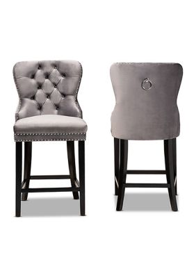 Howell Modern Transitional Grey Velvet Upholstered and Dark Brown Finished Wood 2-Piece Counter Stool Set