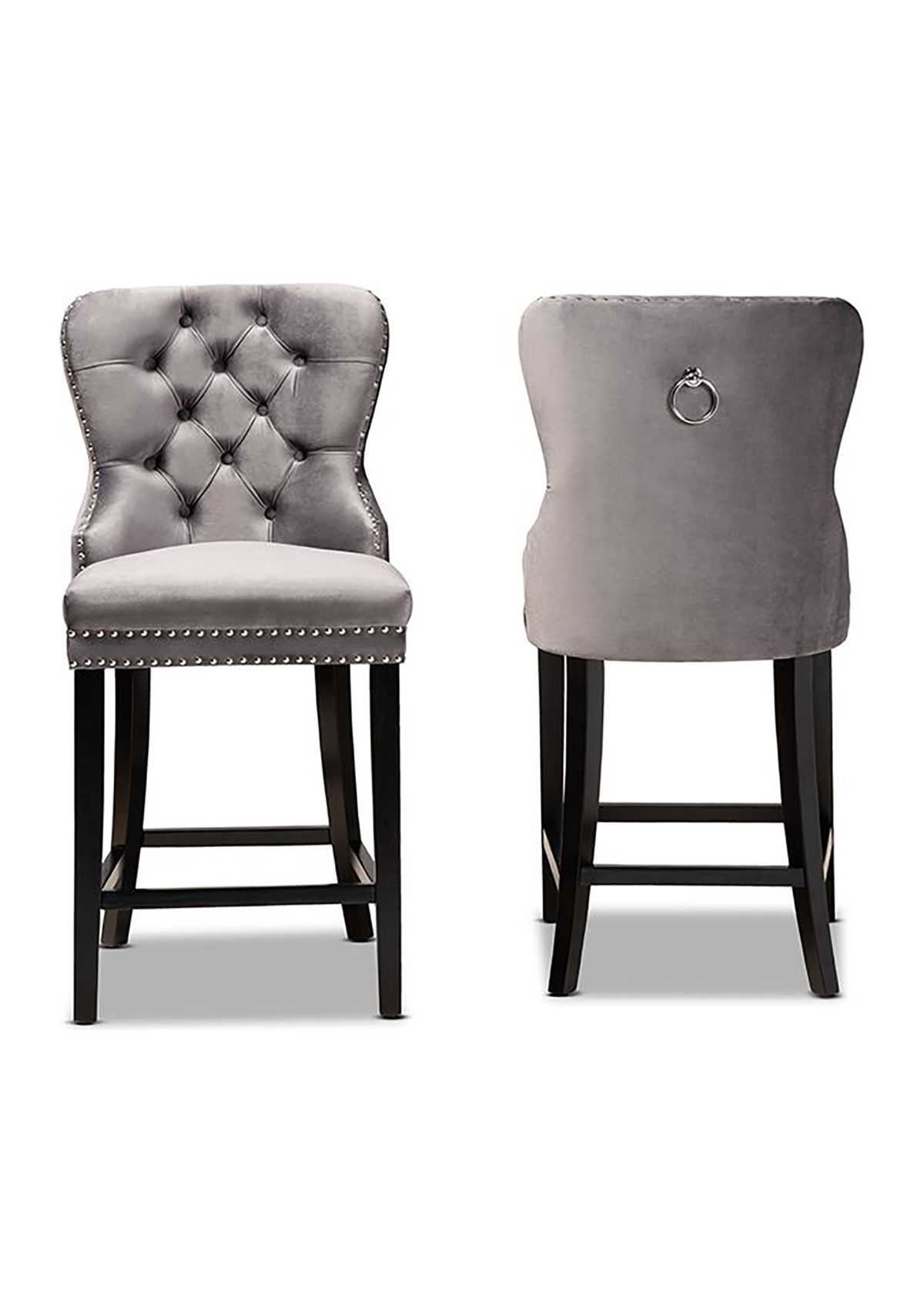 Howell Modern Transitional Grey Velvet Upholstered and Dark Brown Finished Wood 2-Piece Counter Stool Set