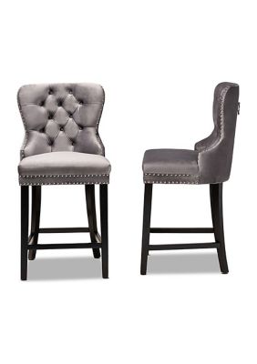 Howell Modern Transitional Grey Velvet Upholstered and Dark Brown Finished Wood 2-Piece Counter Stool Set