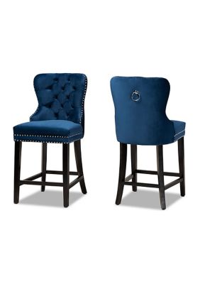 Howell Modern Transitional Navy Blue Velvet Upholstered and Dark Brown Finished Wood 2-Piece Counter Stool Set