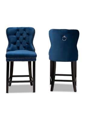Howell Modern Transitional Navy Blue Velvet Upholstered and Dark Brown Finished Wood 2-Piece Counter Stool Set