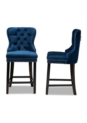 Howell Modern Transitional Navy Blue Velvet Upholstered and Dark Brown Finished Wood 2-Piece Counter Stool Set