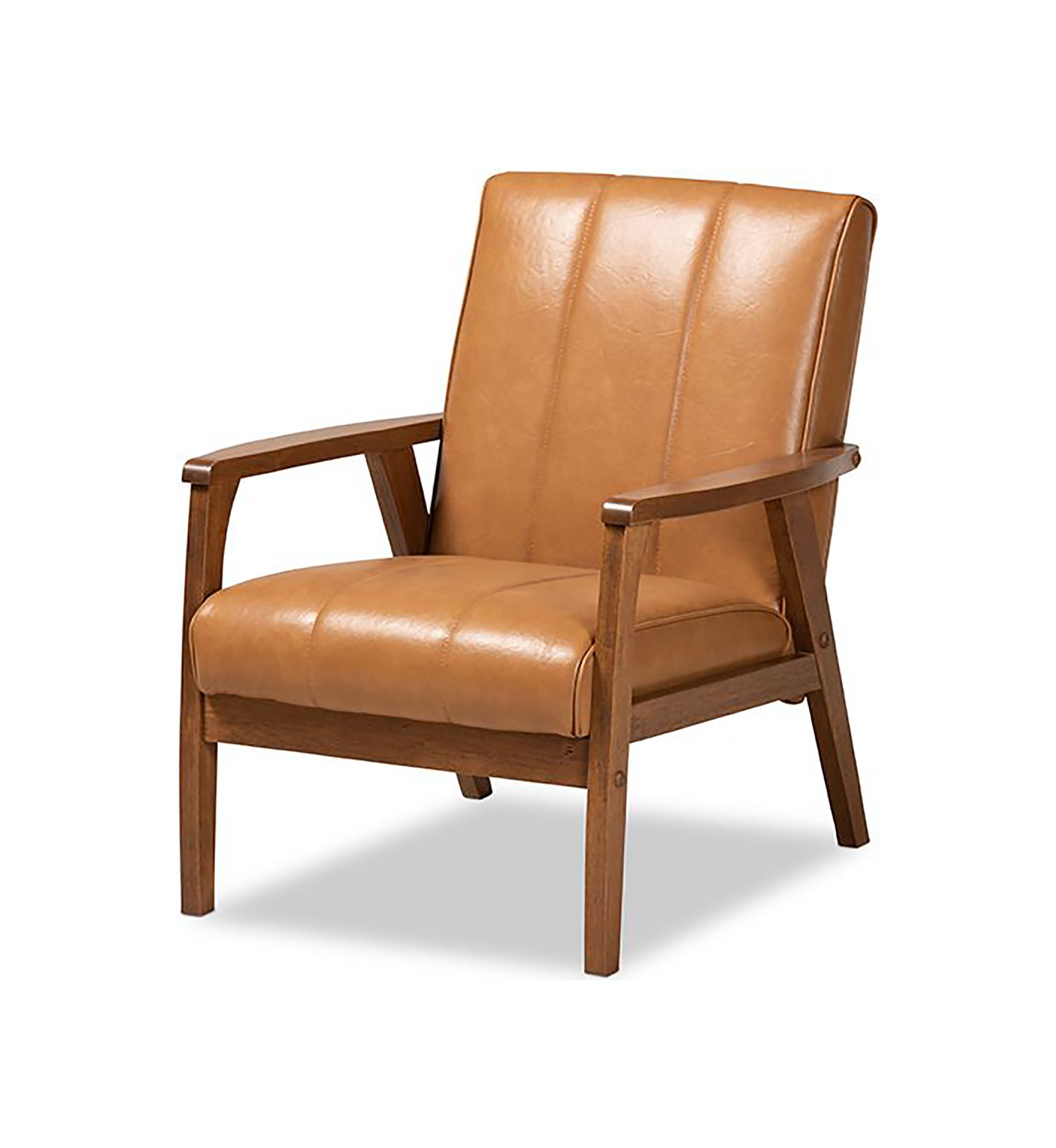 Nikko Mid-century Modern Tan Faux Leather Upholstered and Walnut Brown finished Wood Lounge Chair