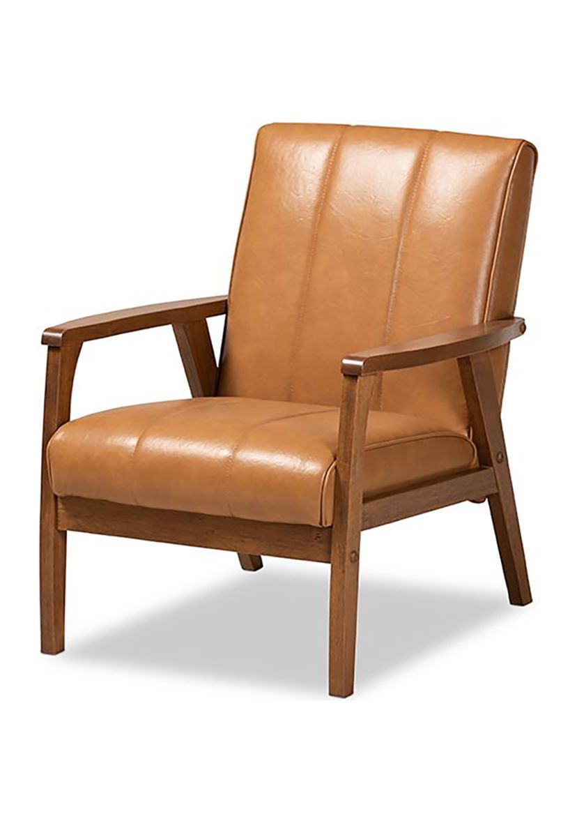 Nikko Mid-century Modern Tan Faux Leather Upholstered and Walnut Brown finished Wood Lounge Chair