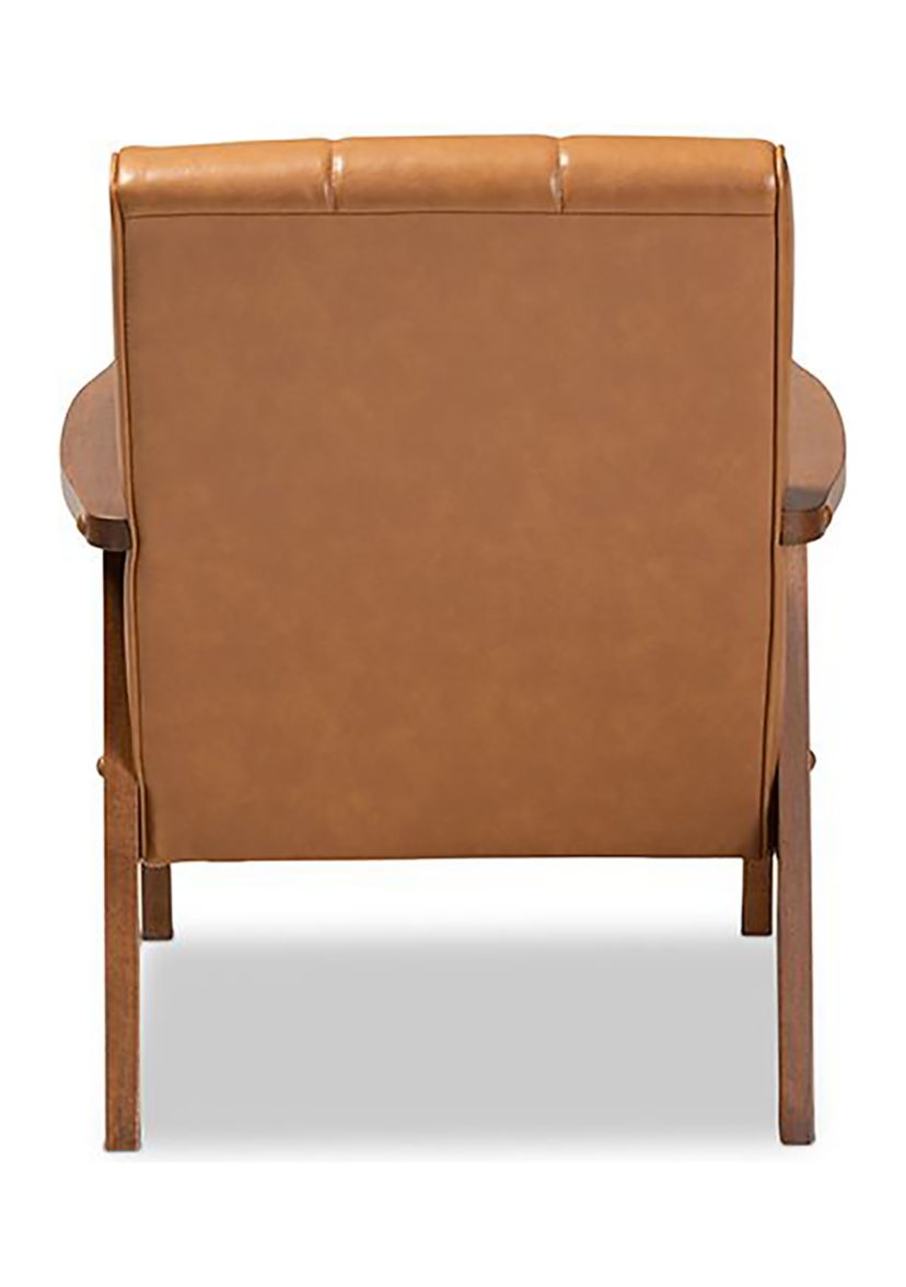 Nikko Mid-century Modern Tan Faux Leather Upholstered and Walnut Brown finished Wood Lounge Chair