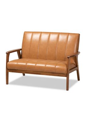 Nikko Mid-century Modern Tan Faux Leather Upholstered and Walnut Brown finished Wood Loveseat