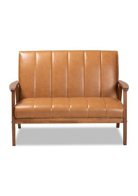 Nikko Mid-century Modern Tan Faux Leather Upholstered and Walnut Brown finished Wood Loveseat