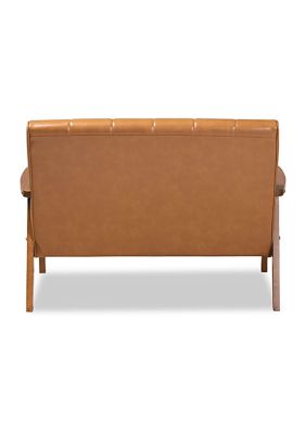 Nikko Mid-century Modern Tan Faux Leather Upholstered and Walnut Brown finished Wood Loveseat