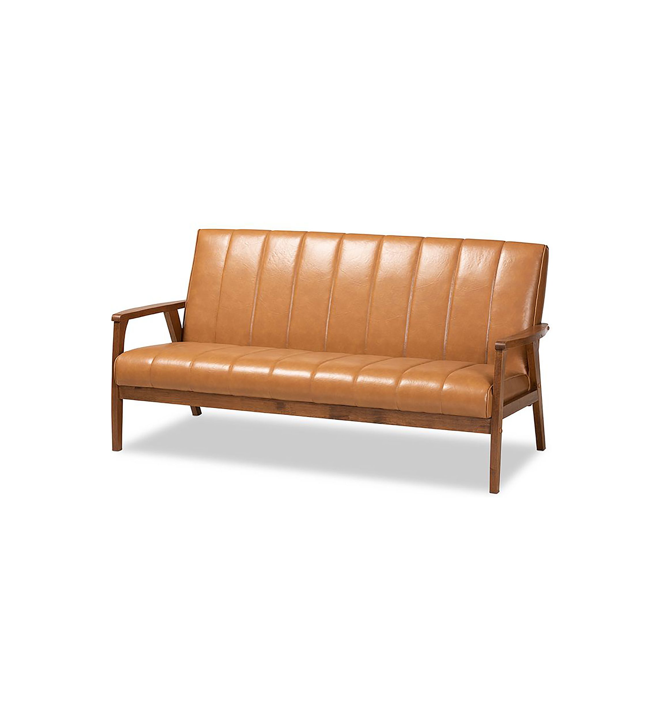 Nikko Mid-century Modern Tan Faux Leather Upholstered and Walnut Brown finished Wood Sofa