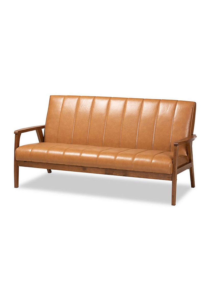 Nikko Mid-century Modern Tan Faux Leather Upholstered and Walnut Brown finished Wood Sofa