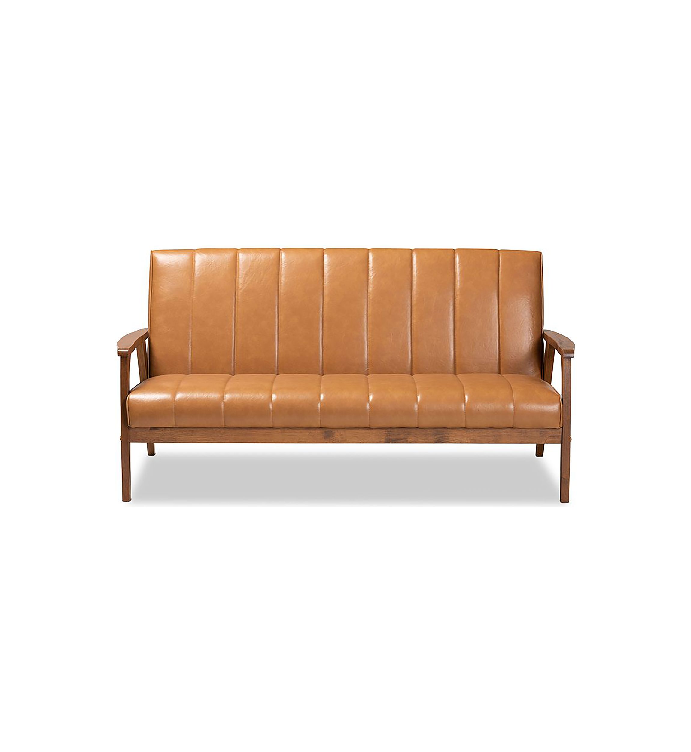 Nikko Mid-century Modern Tan Faux Leather Upholstered and Walnut Brown finished Wood Sofa