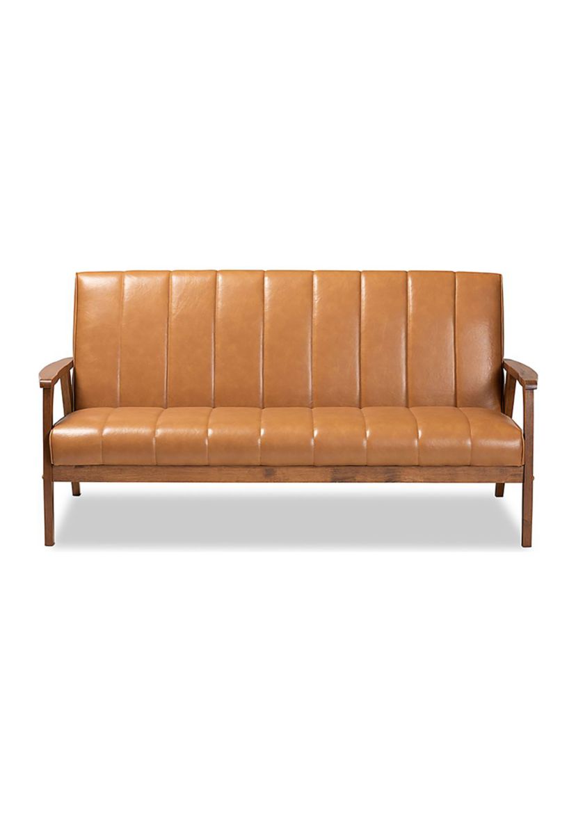 Nikko Mid-century Modern Tan Faux Leather Upholstered and Walnut Brown finished Wood Sofa