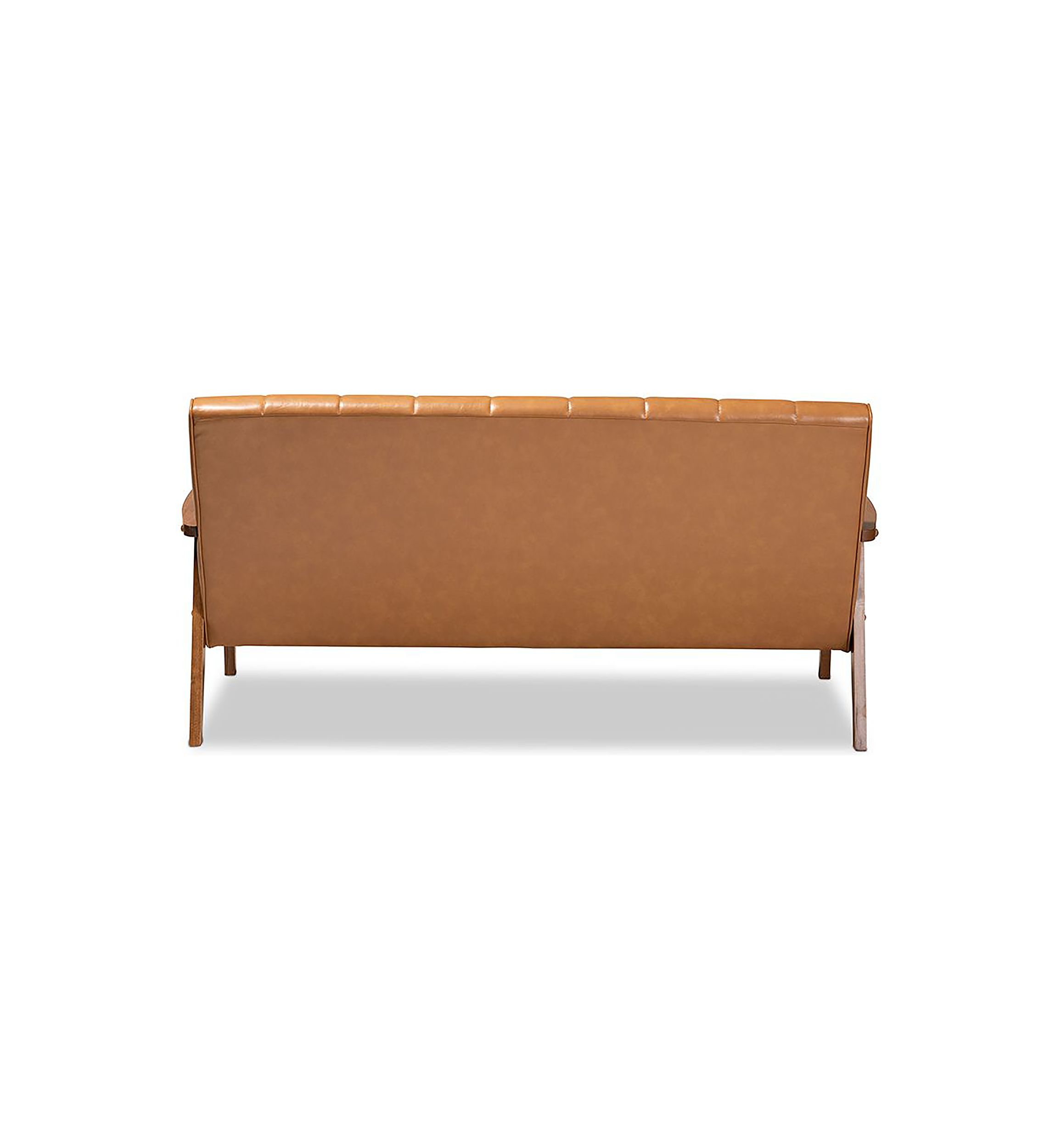 Nikko Mid-century Modern Tan Faux Leather Upholstered and Walnut Brown finished Wood Sofa