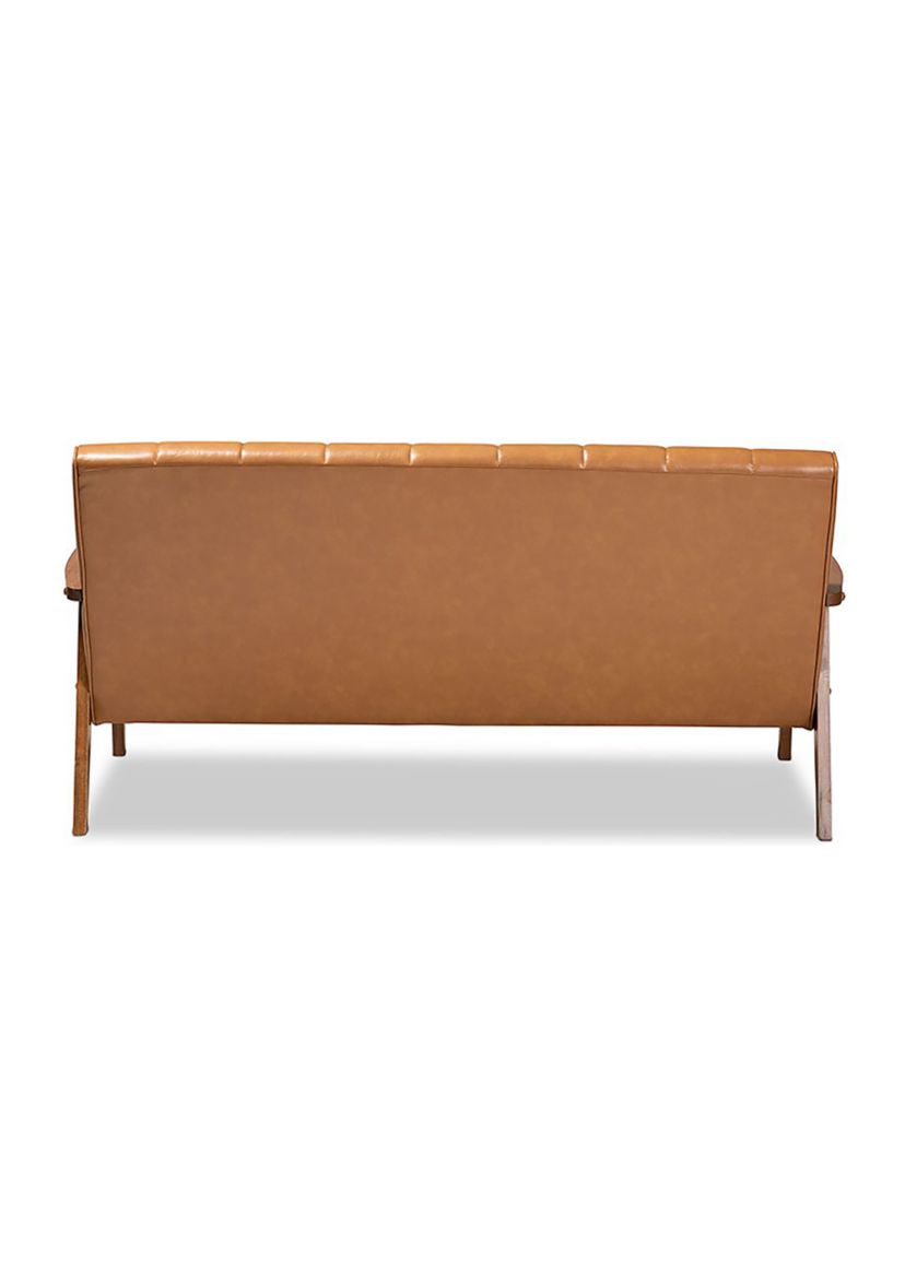 Nikko Mid-century Modern Tan Faux Leather Upholstered and Walnut Brown finished Wood Sofa