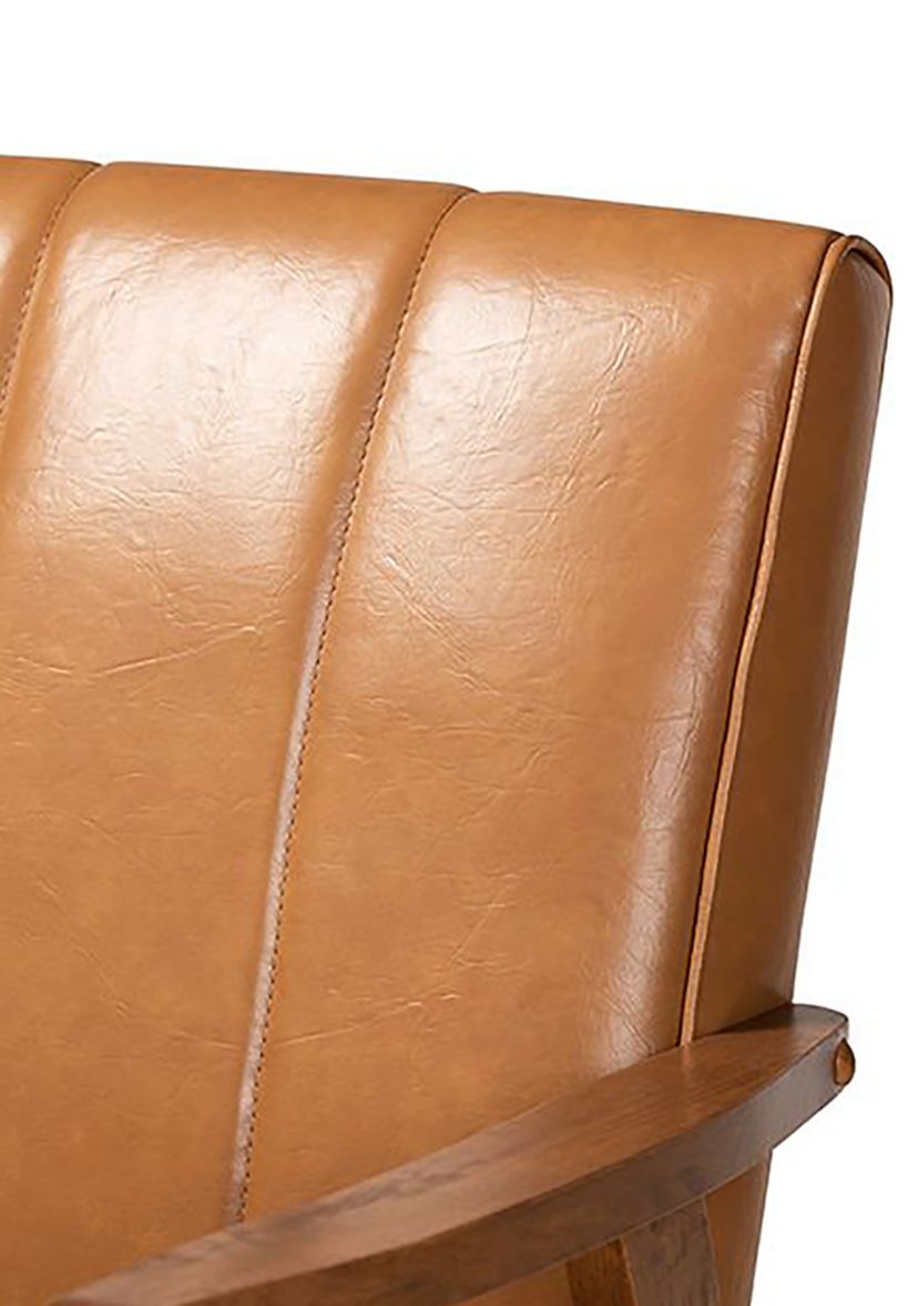 Nikko Mid-century Modern Tan Faux Leather Upholstered and Walnut Brown finished Wood Sofa