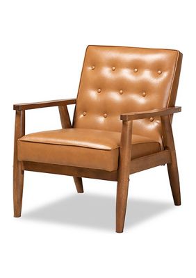 Sorrento Mid-Century Modern Tan Faux Leather Upholstered and Walnut Brown Finished Wood Lounge Chair