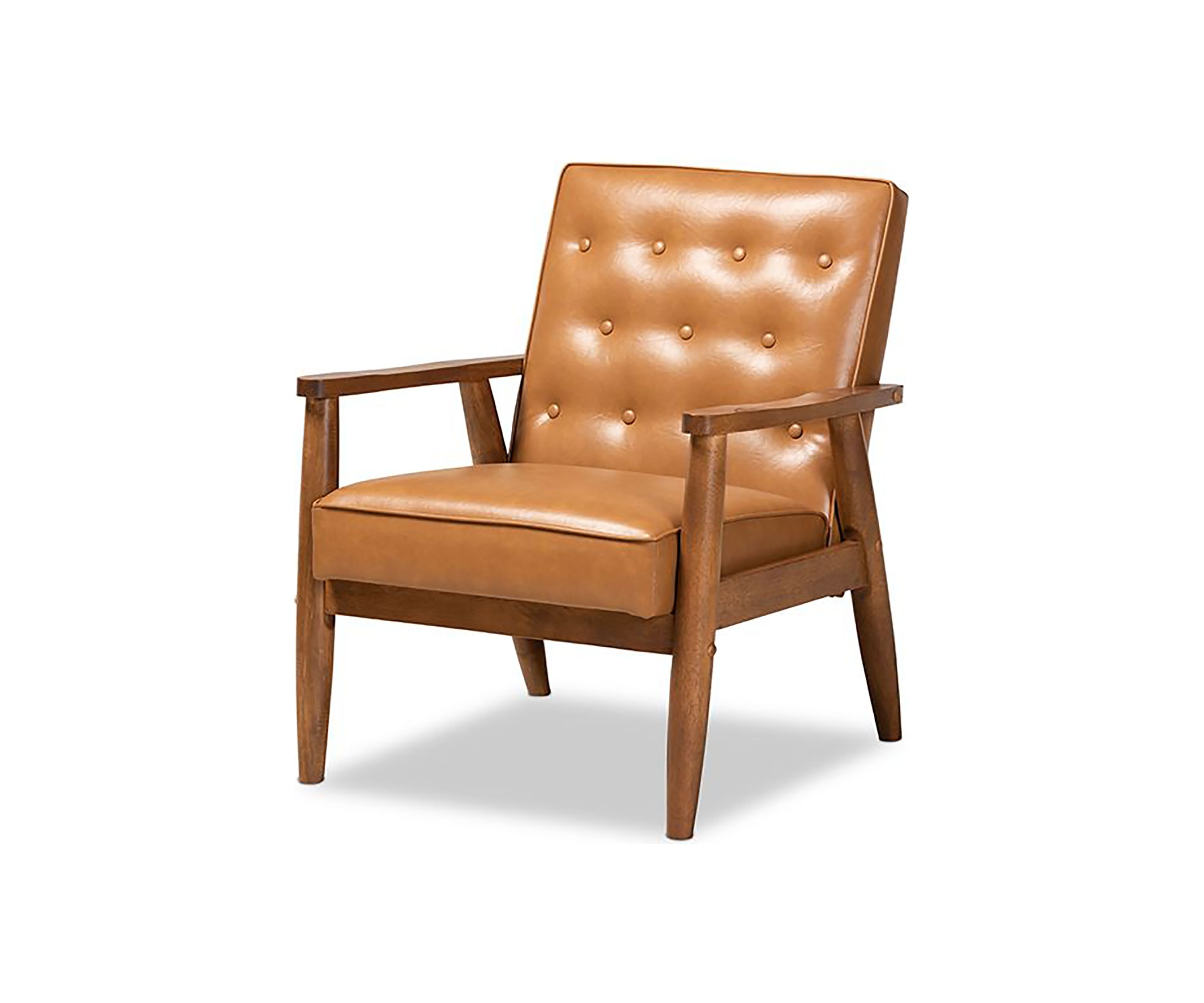 Sorrento Mid-Century Modern Tan Faux Leather Upholstered and Walnut Brown Finished Wood Lounge Chair