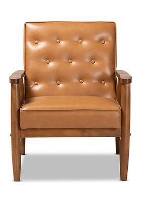 Sorrento Mid-Century Modern Tan Faux Leather Upholstered and Walnut Brown Finished Wood Lounge Chair