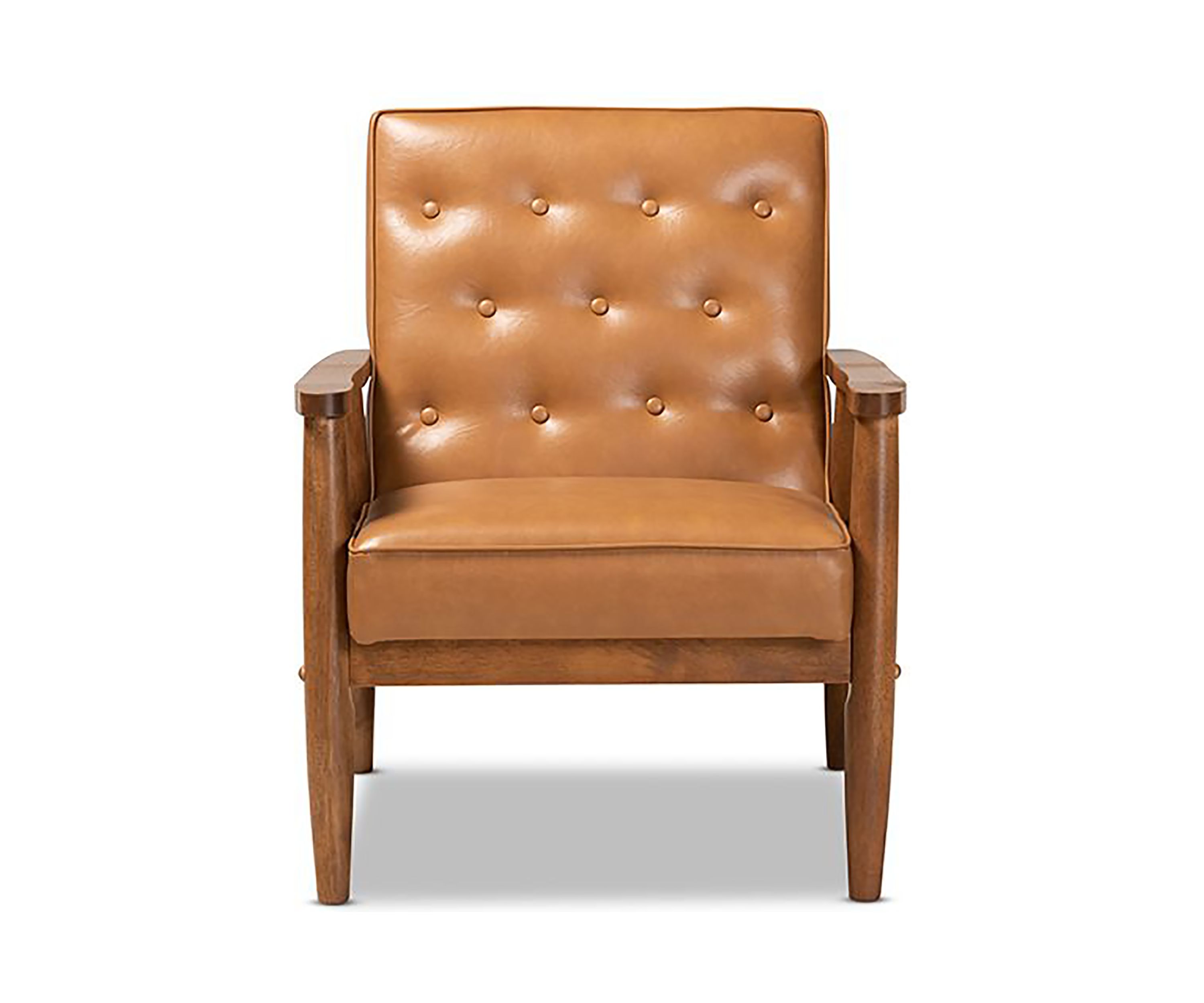 Sorrento Mid-Century Modern Tan Faux Leather Upholstered and Walnut Brown Finished Wood Lounge Chair