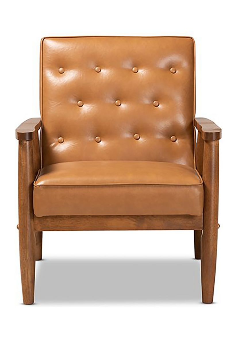 Sorrento Mid-Century Modern Tan Faux Leather Upholstered and Walnut Brown Finished Wood Lounge Chair