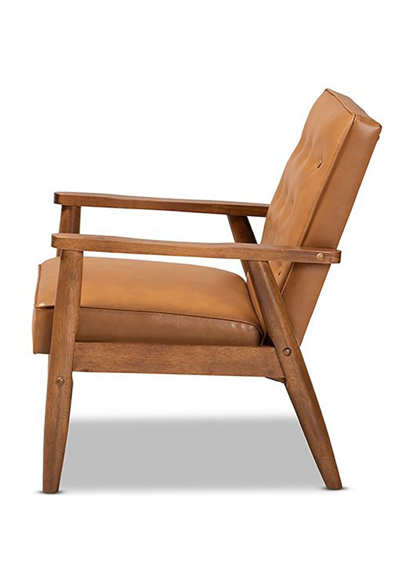 Sorrento Mid-Century Modern Tan Faux Leather Upholstered and Walnut Brown Finished Wood Lounge Chair