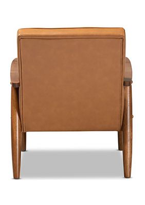 Sorrento Mid-Century Modern Tan Faux Leather Upholstered and Walnut Brown Finished Wood Lounge Chair