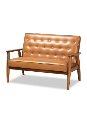 Sorrento Mid-Century Modern Tan Faux Leather Upholstered and Walnut Brown Finished Wood Loveseat