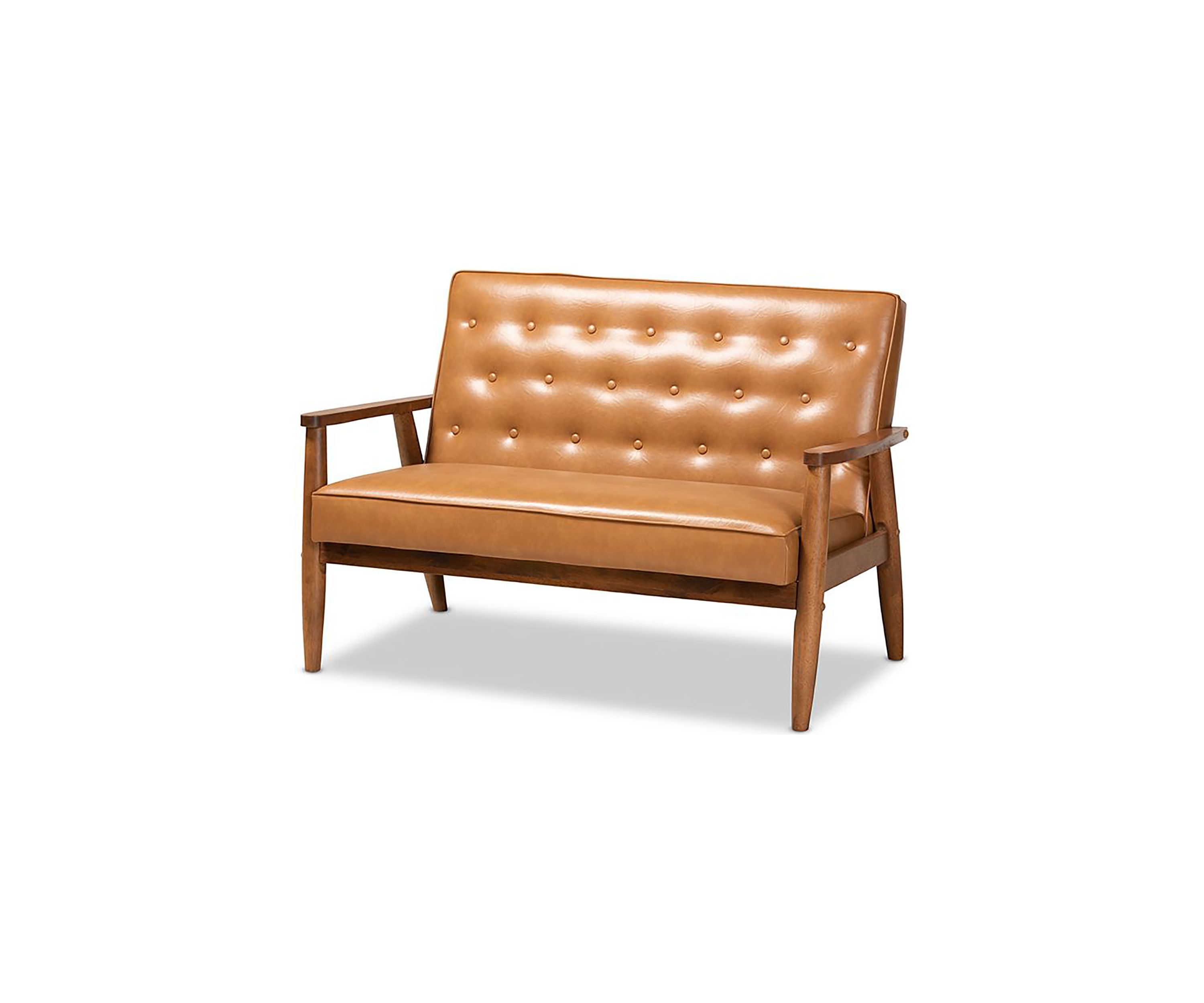 Sorrento Mid-Century Modern Tan Faux Leather Upholstered and Walnut Brown Finished Wood Loveseat