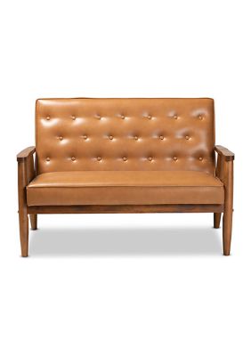 Sorrento Mid-Century Modern Tan Faux Leather Upholstered and Walnut Brown Finished Wood Loveseat