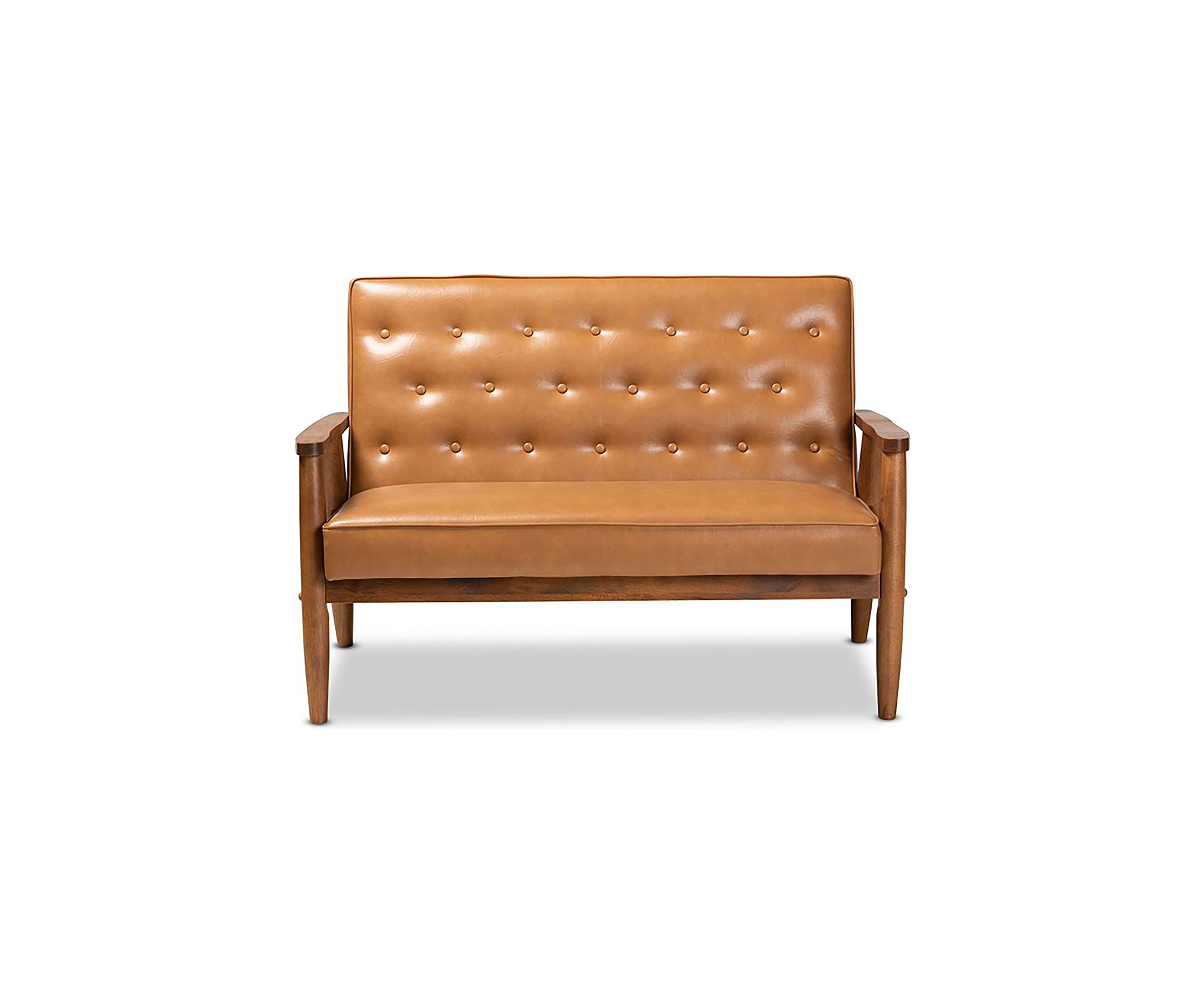Sorrento Mid-Century Modern Tan Faux Leather Upholstered and Walnut Brown Finished Wood Loveseat