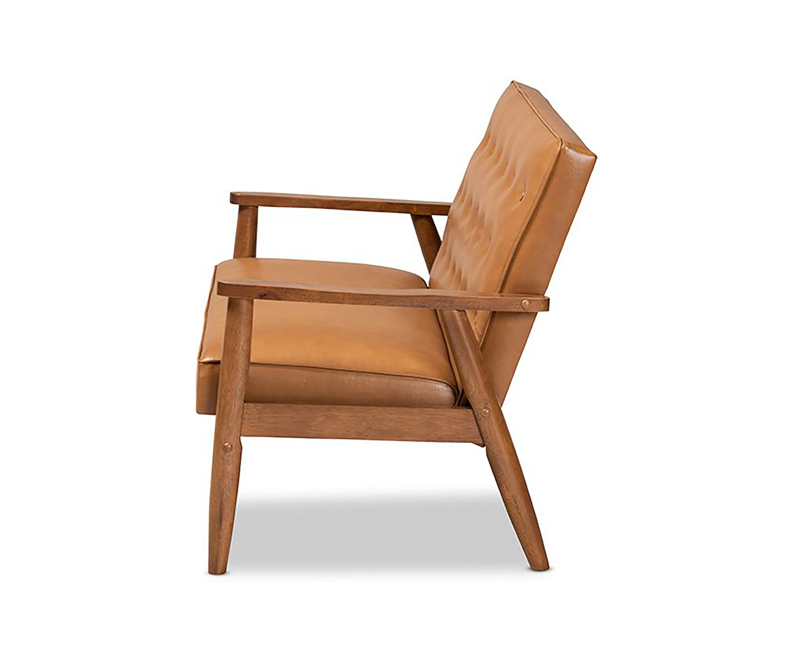 Sorrento Mid-Century Modern Tan Faux Leather Upholstered and Walnut Brown Finished Wood Loveseat