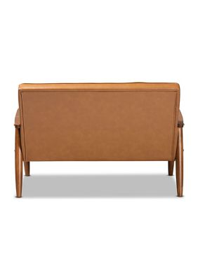 Sorrento Mid-Century Modern Tan Faux Leather Upholstered and Walnut Brown Finished Wood Loveseat