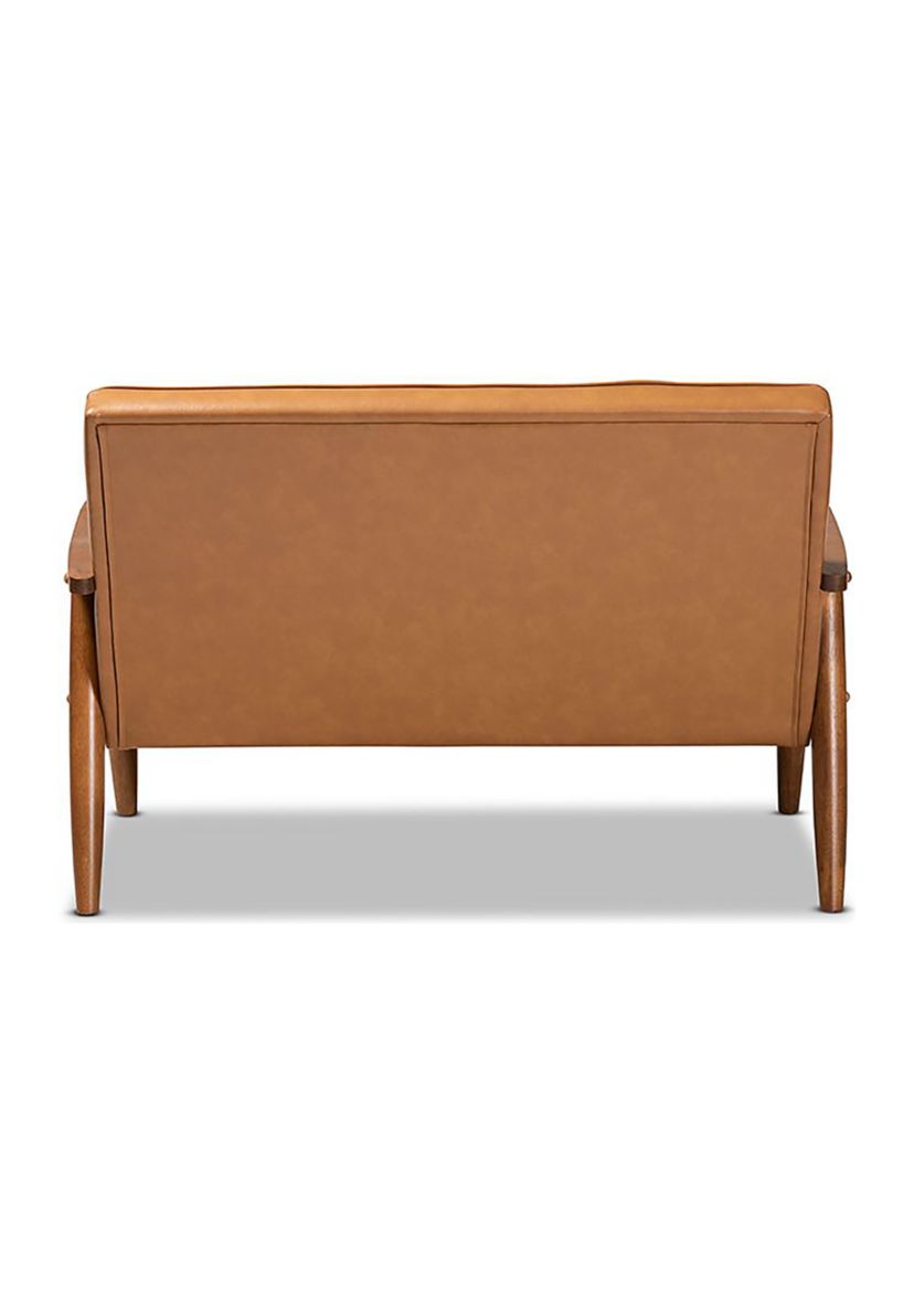 Sorrento Mid-Century Modern Tan Faux Leather Upholstered and Walnut Brown Finished Wood Loveseat