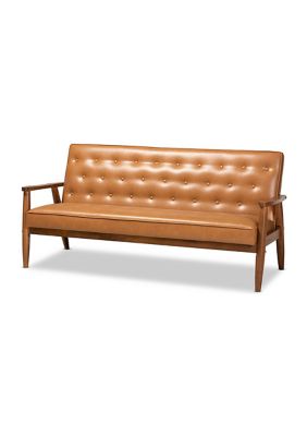 Sorrento Mid-Century Modern Tan Faux Leather Upholstered and Walnut Brown Finished Wood Sofa