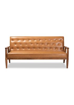 Sorrento Mid-Century Modern Tan Faux Leather Upholstered and Walnut Brown Finished Wood Sofa