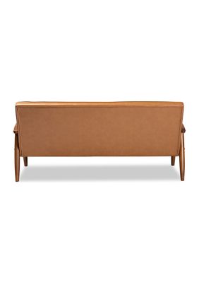 Sorrento Mid-Century Modern Tan Faux Leather Upholstered and Walnut Brown Finished Wood Sofa